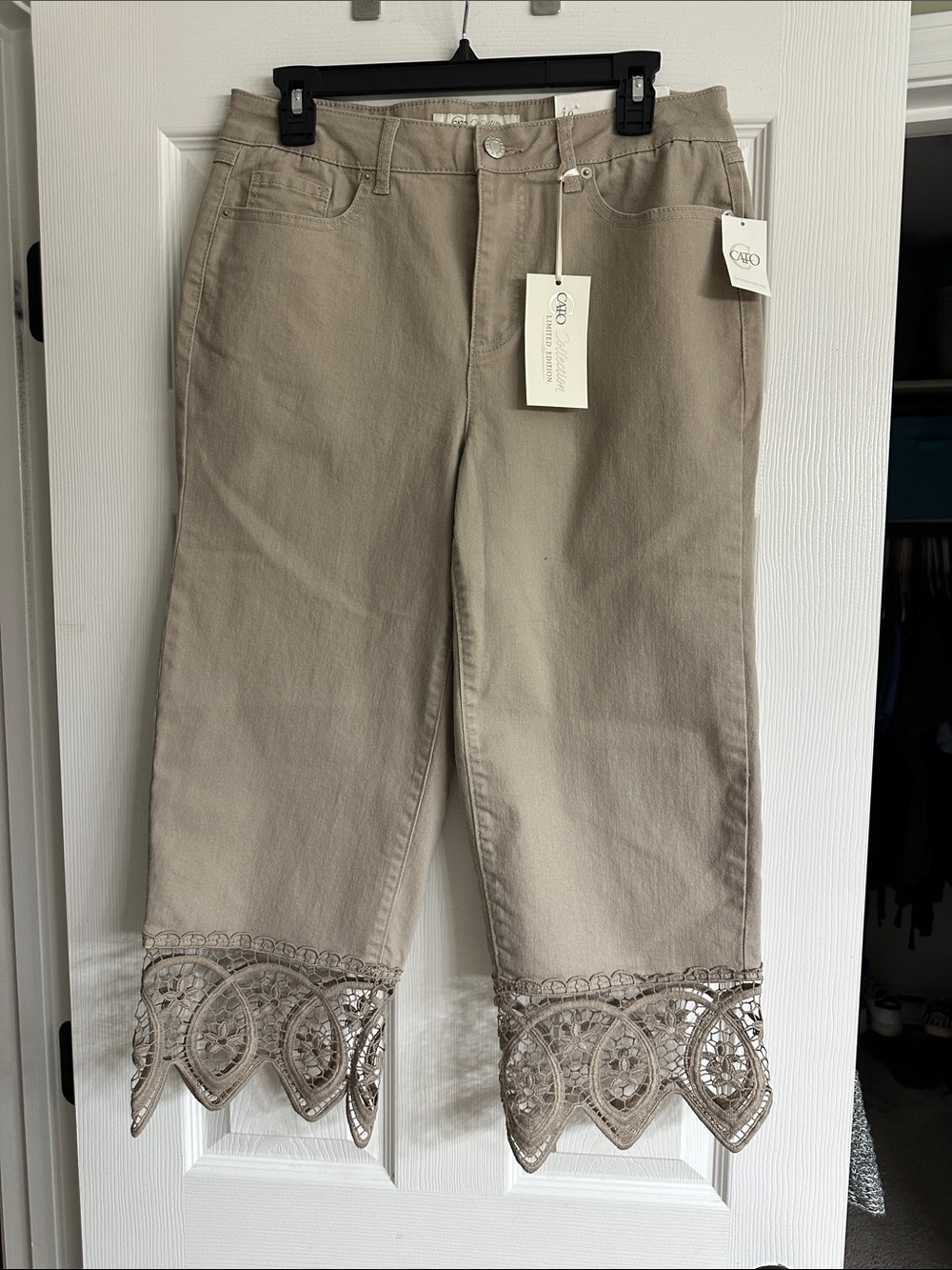 Cato Taupe Crop Pants with Scalloped Embroidered Hem